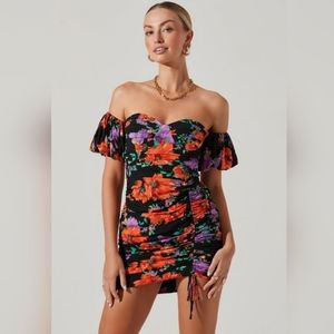 Astr The Label Black Floral Off Shoulder Puff Sleeve Ruched Mini Dress L